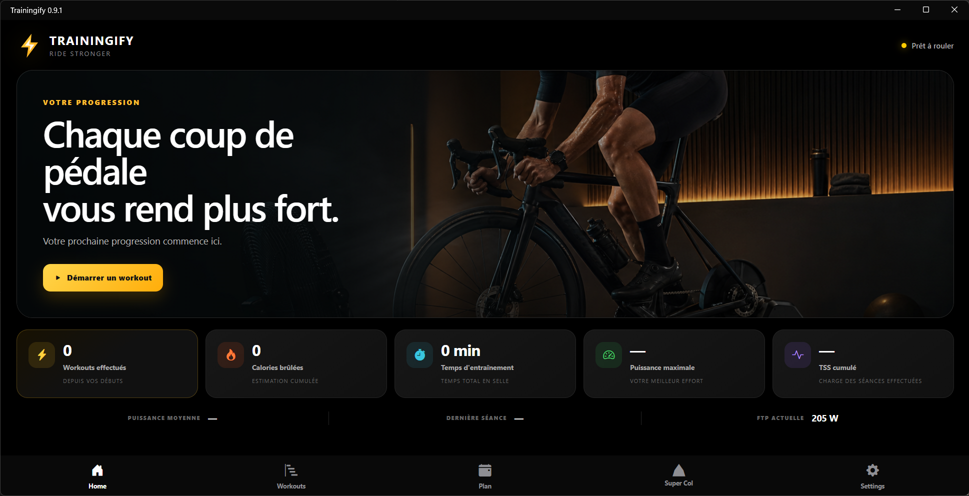 Écran d'accueil Trainingify 0.9.1 avec la progression du cycliste et les statistiques d'entraînement