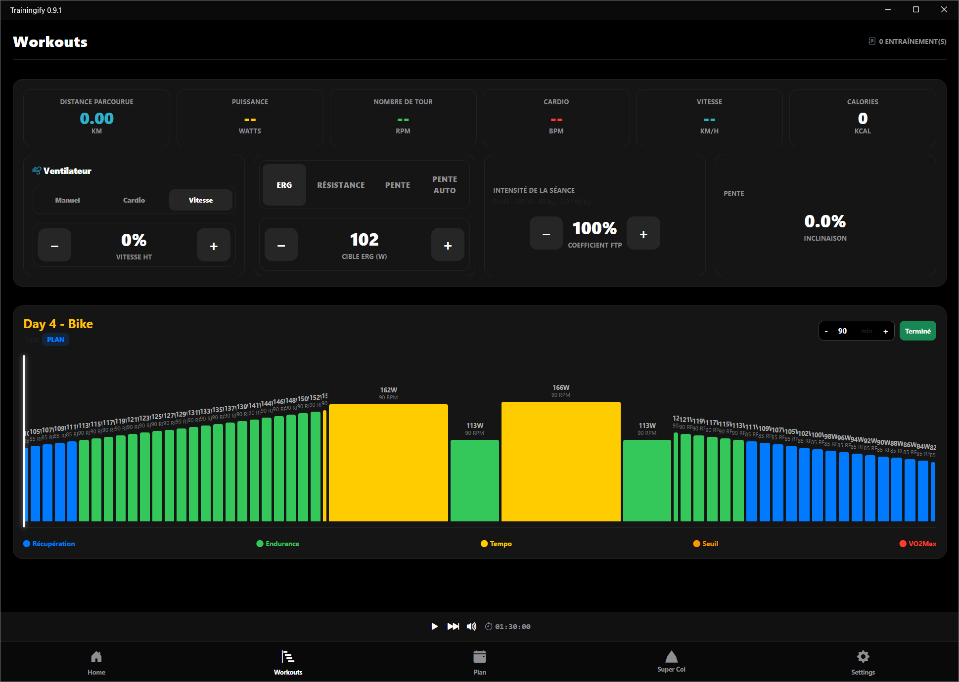 Écran Workouts Trainingify avec les métriques et la courbe de puissance d'une séance